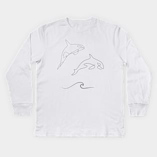 Hydro Flask sticker pack - ocean wave, dolphin and orca / killer whale (black) | Line art minimalist Kids Long Sleeve T-Shirt